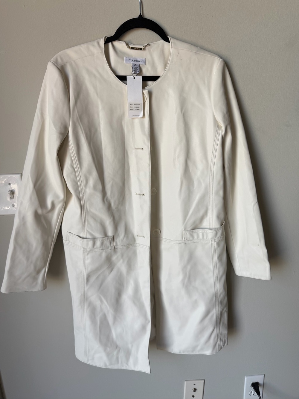 Calvin Klein Women’s White Collarless Leather Jacket